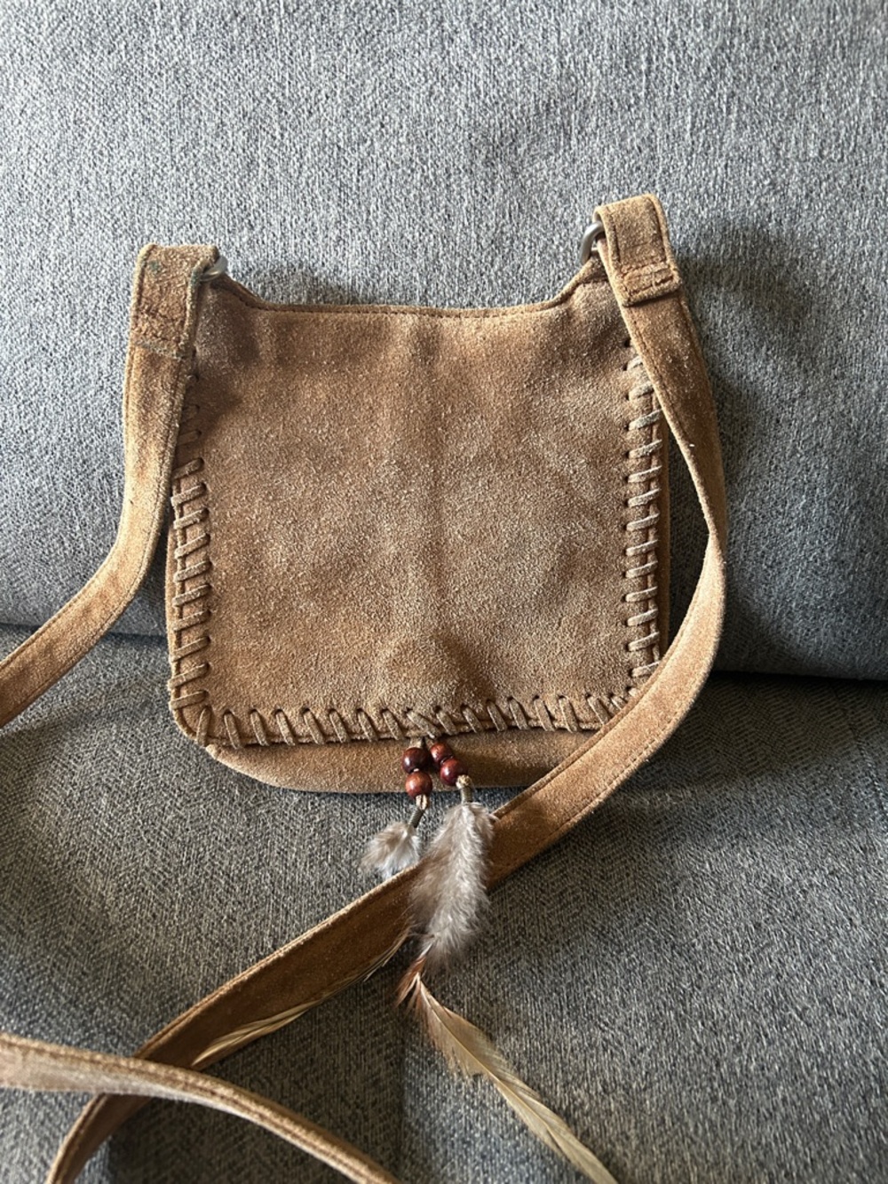 Fossil Tan Suede Crossbody Bag with Feather Bead Accents